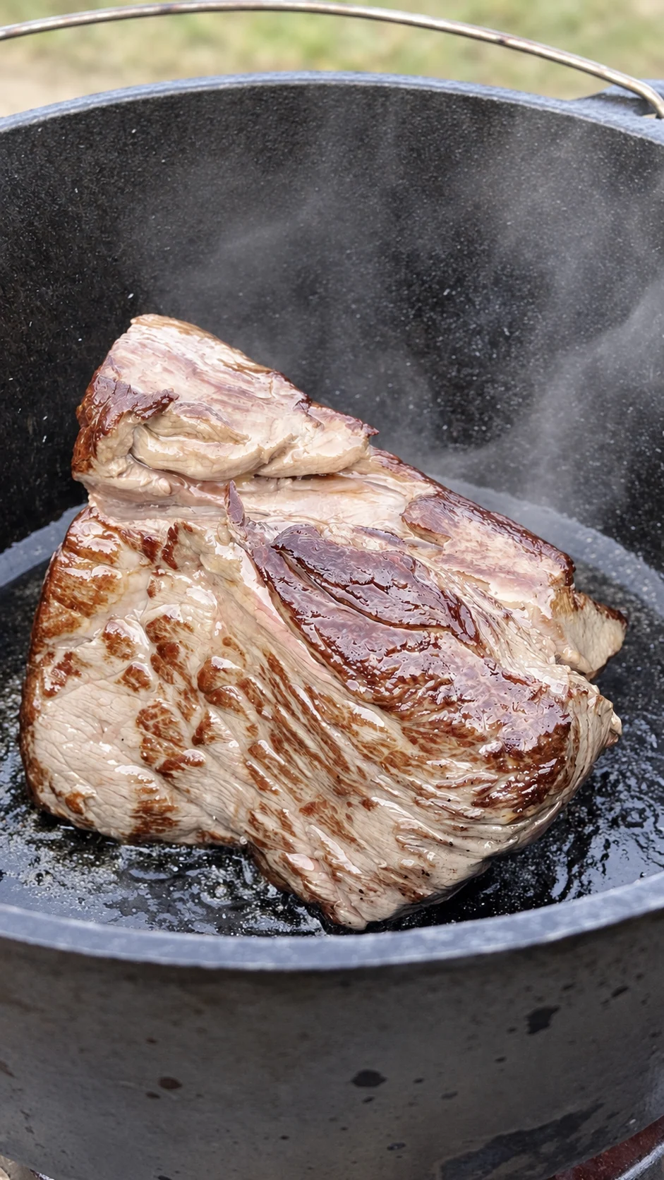 Rinderbraten beim Anbraten in einem gusseisernen Dutch Oven.