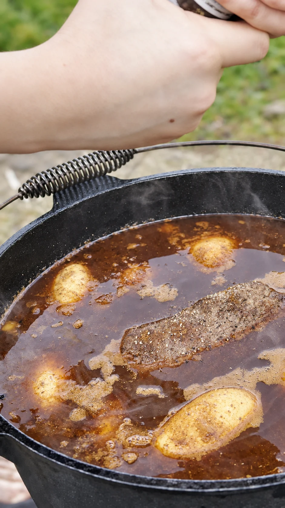 Rinderbraten und ganze kleine Kartoffeln in brauner Sauce im Dutch Oven.
