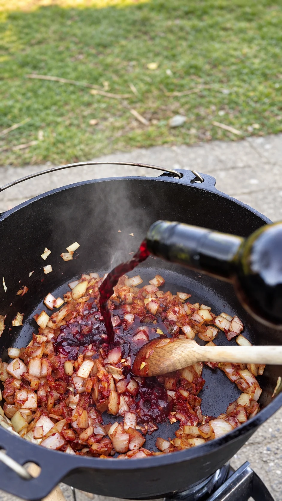 Rotwein wird aus einer Flasche zu Zwiebeln und Tomatenmark in den Dutch Oven gegossen.