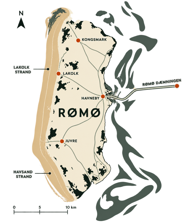 Illustrierte Karte der Insel Rømø mit Lakolk Strand, Havsand, Orten und Zufahrtsdamm