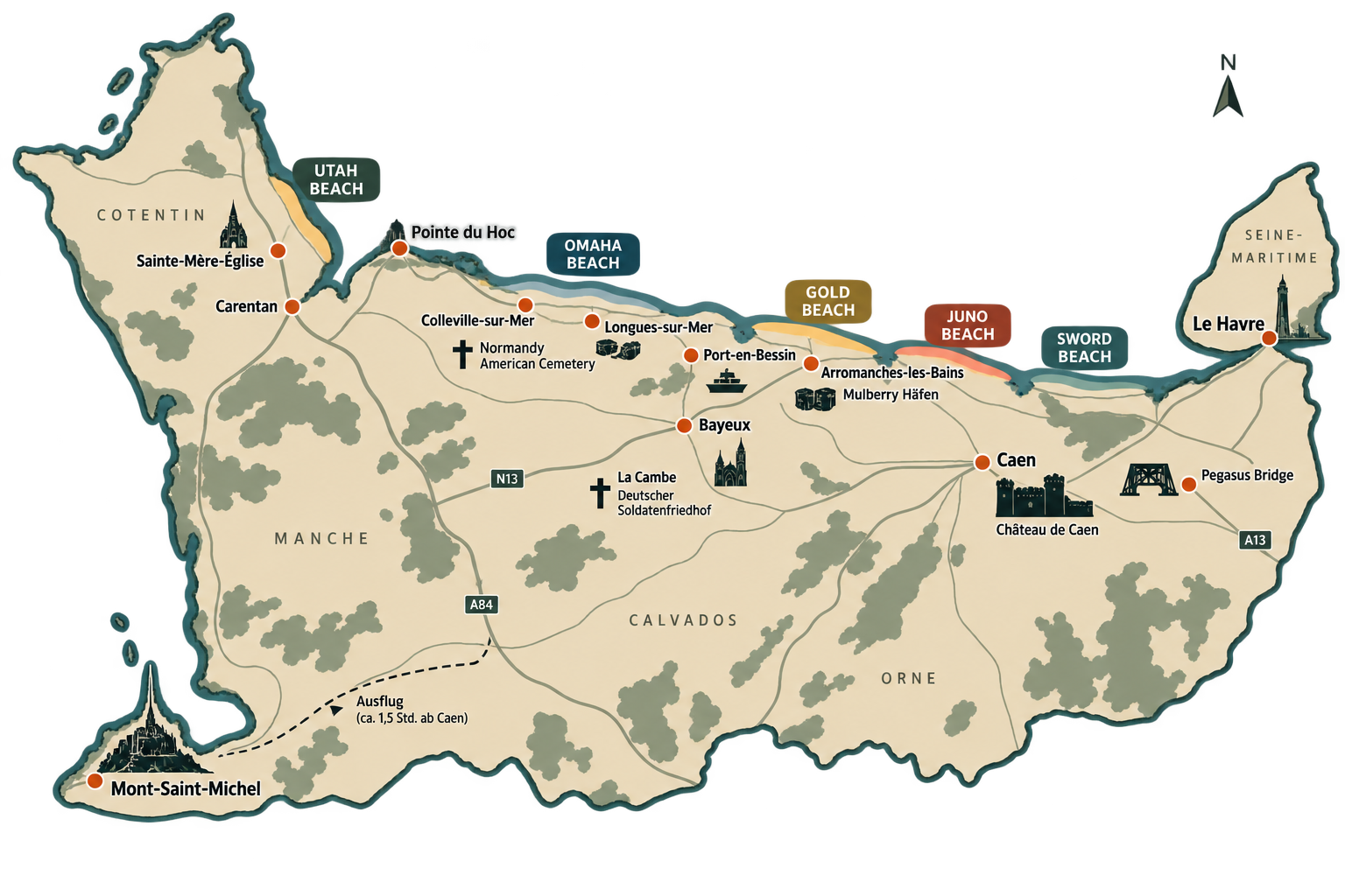 Illustrierte Karte der Normandie mit zehn Reisestationen