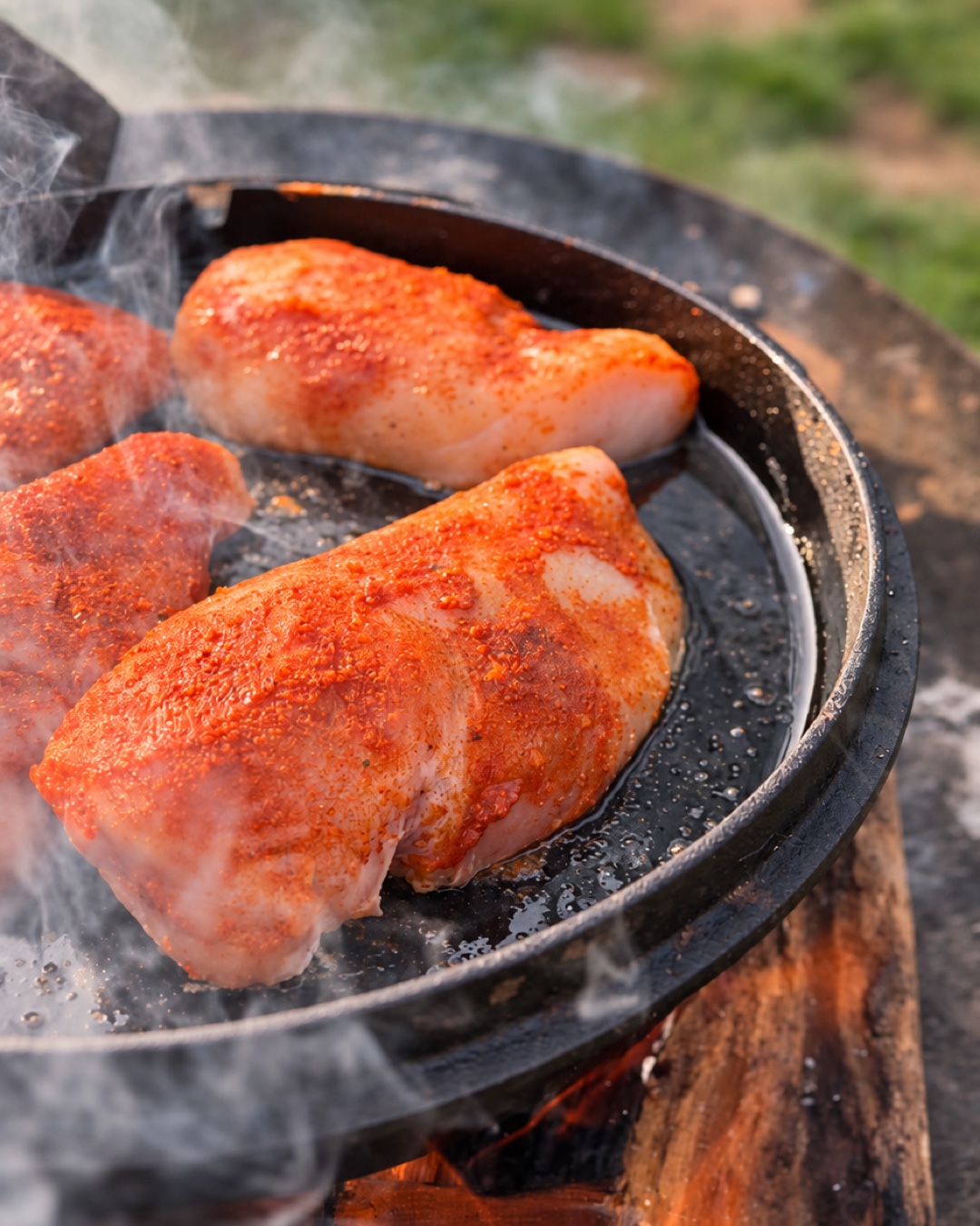Mit Magic Dust gewürzte Hähnchenbrustfilets im heißen Deckel des Dutch Ovens.