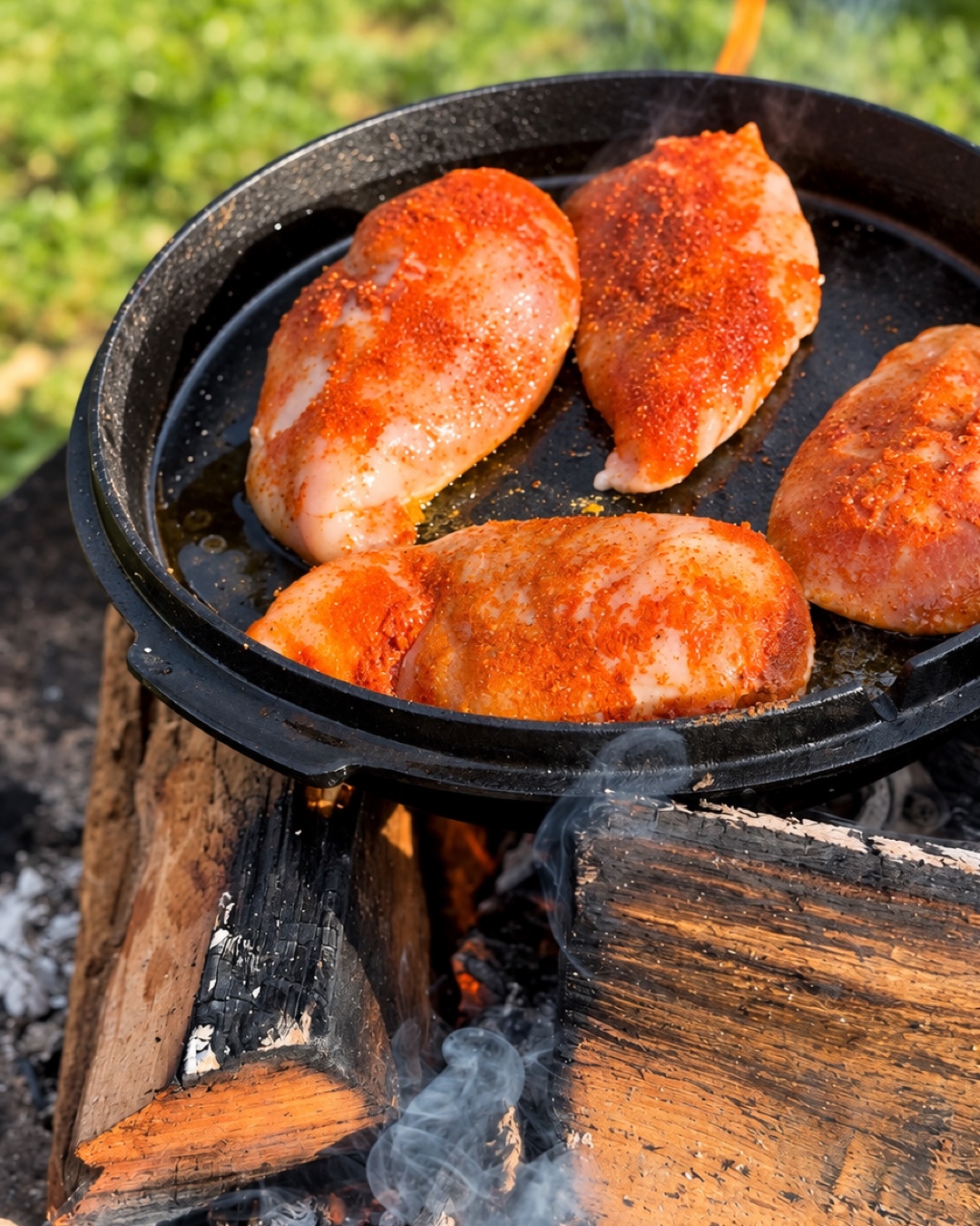 Hähnchenbrustfilets beim scharfen Anbraten über einem Holzfeuer.