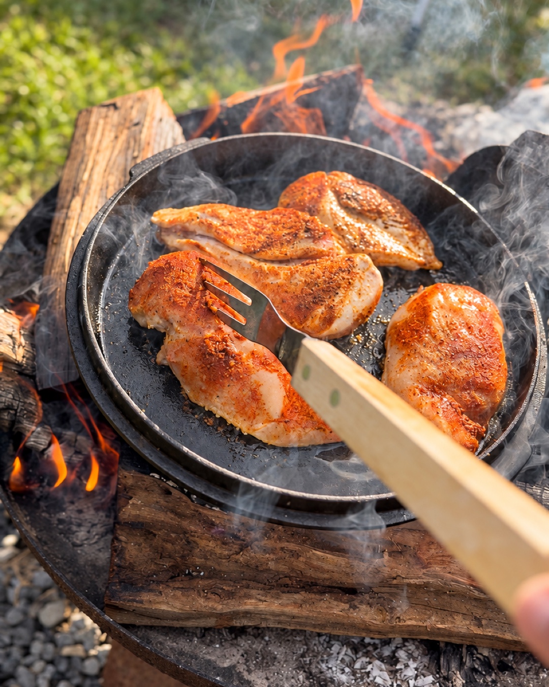 Eine Grillgabel wendet die Hähnchenbrust im Deckel des Dutch Ovens.