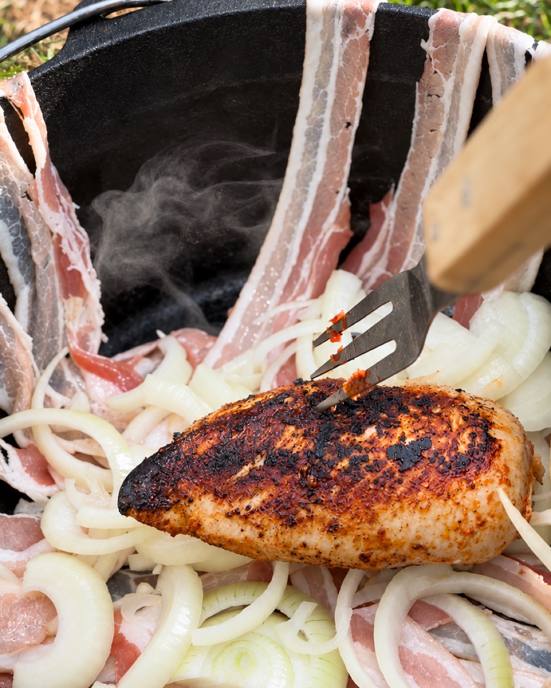 Angebratene Hähnchenbrust auf Zwiebelringen im mit Bacon ausgekleideten Dutch Oven.