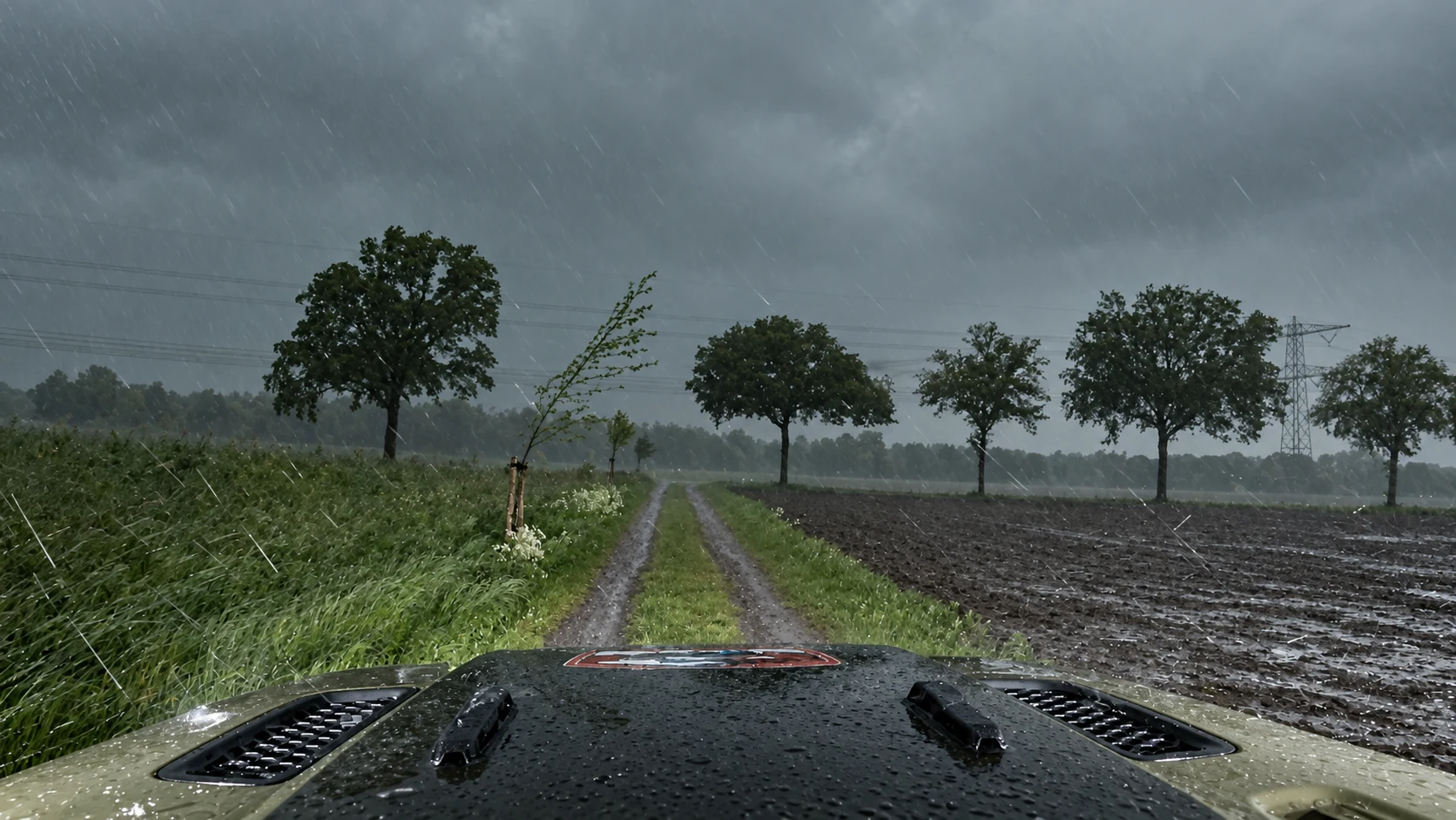 Regen und windbewegte Bäume an einem schmalen Weg vor dem Jeep