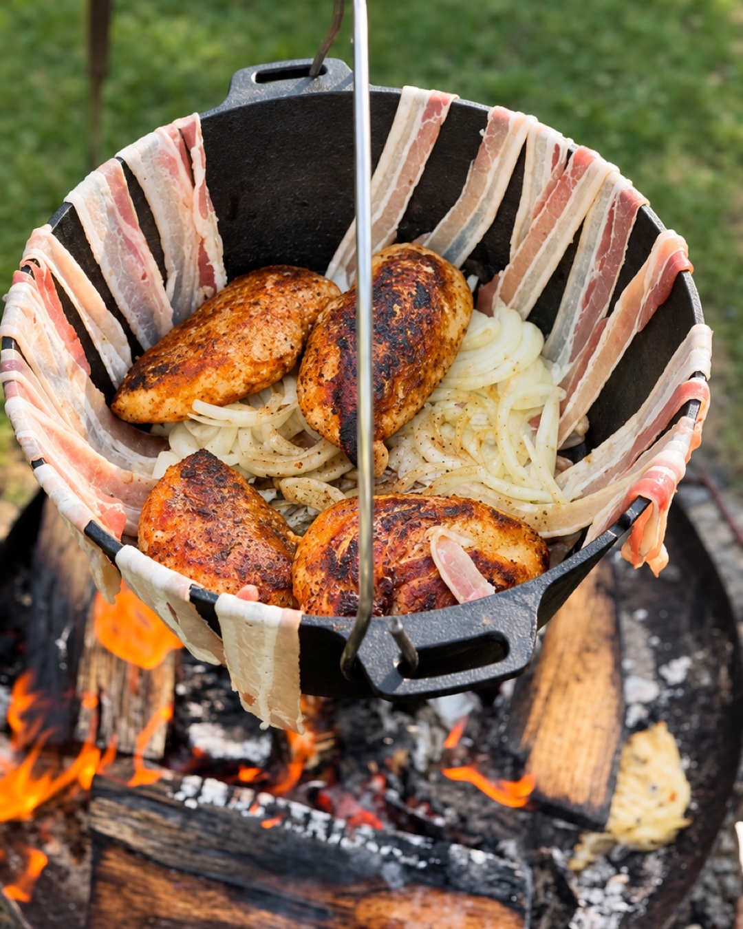 Blick in den Dutch Oven mit Hähnchenbrust, Bacon und Gemüsezwiebeln.
