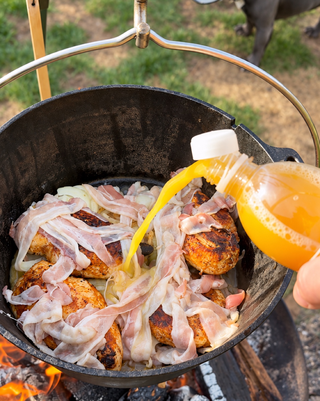 Orangensaft wird zum Hähnchen in den Dutch Oven gegossen.