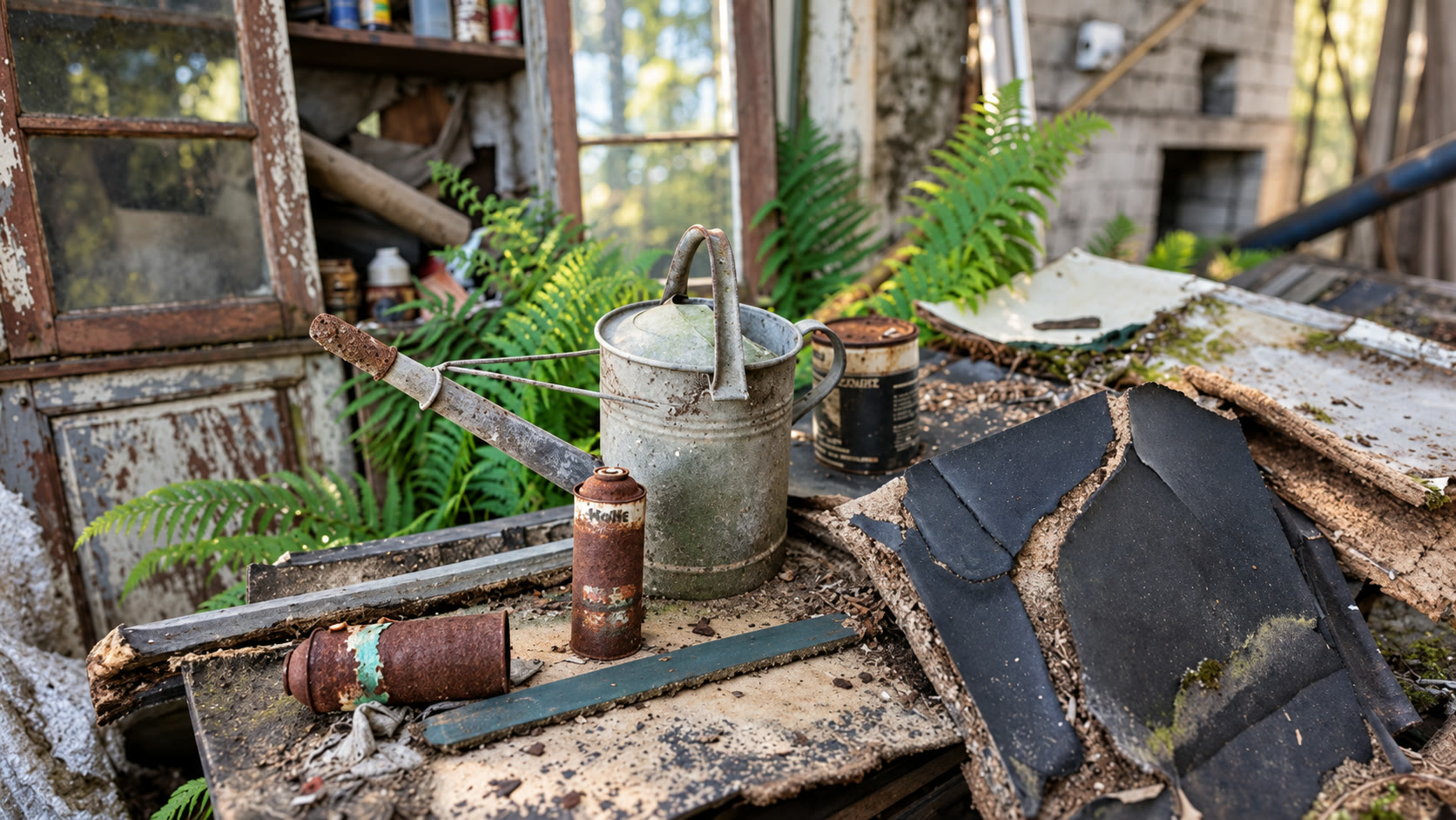Alte Gießkanne zwischen Farnen