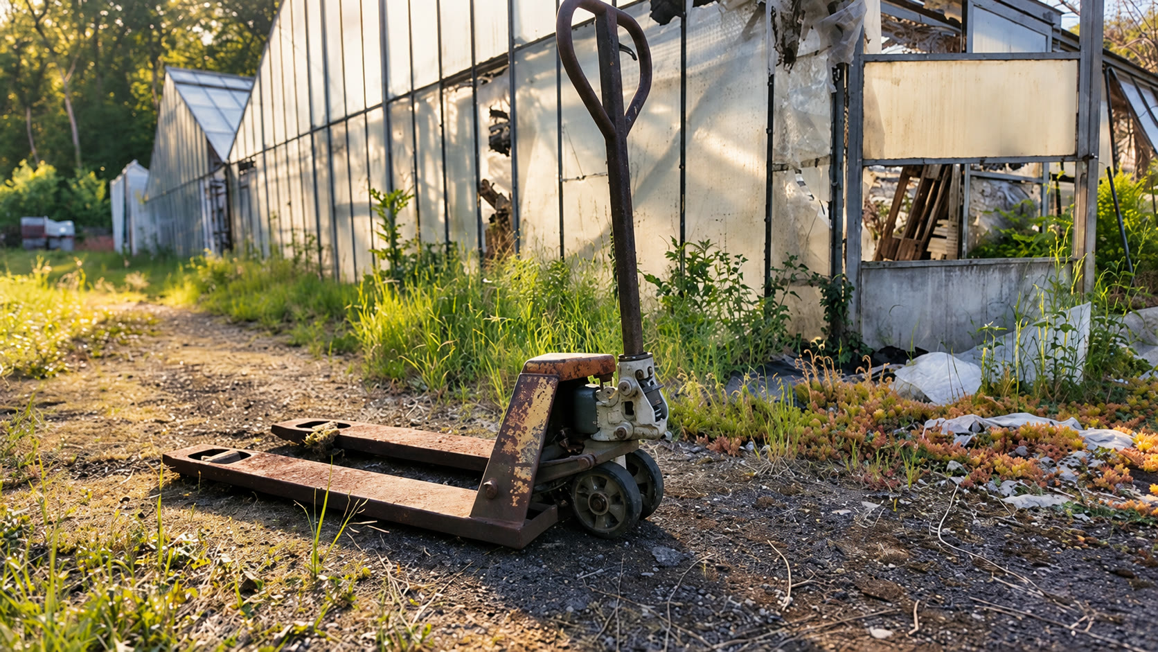 Verrosteter Hubwagen vor einem Gewächshaus