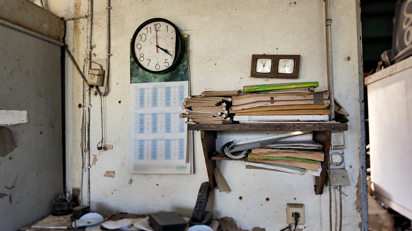Wanduhr und Ablagen in einem Arbeitsraum