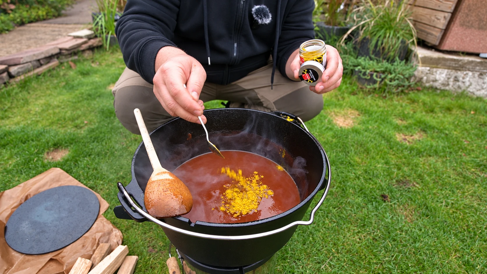 Currypulver fällt von einem kleinen Löffel in die rote Sauce im Dutch Oven.