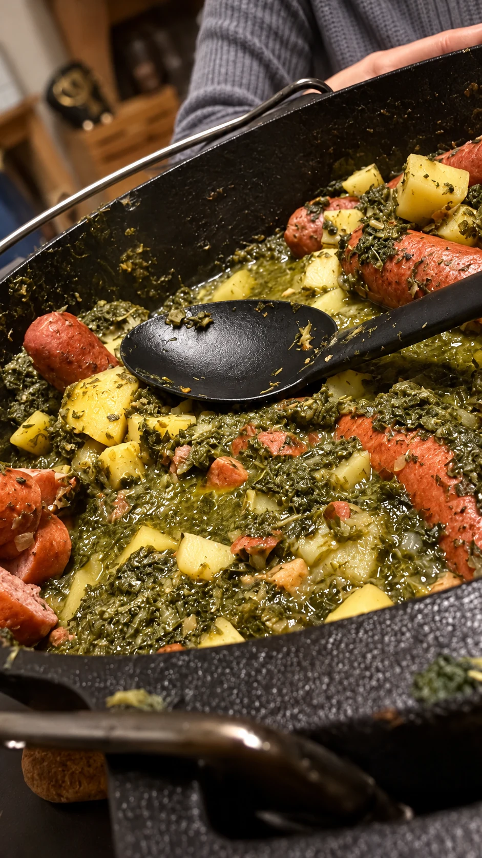 Grünkohl mit Kartoffeln und Wurststücken im gusseisernen Topf mit schwarzer Schöpfkelle.