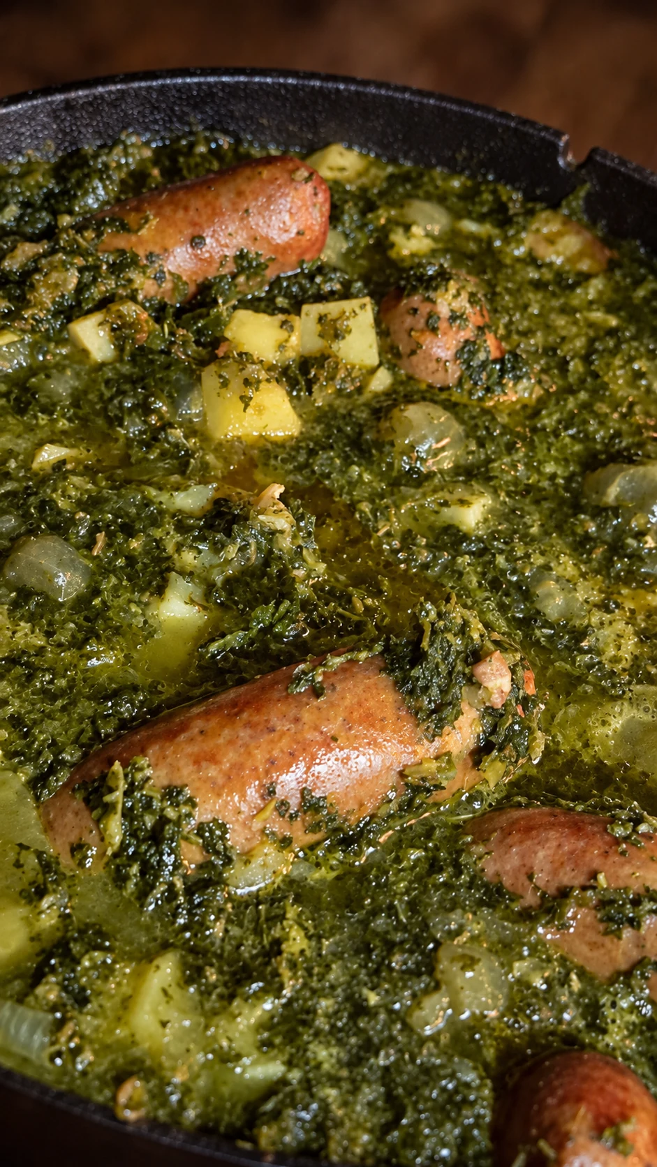 Nahaufnahme von Grünkohl, Kartoffelwürfeln und Mettenden im gusseisernen Topf.