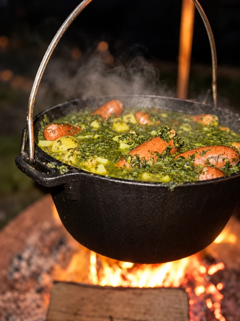 Offener gusseiserner Topf mit Grünkohl, Kartoffelstücken und Mettenden über einem Holzfeuer.