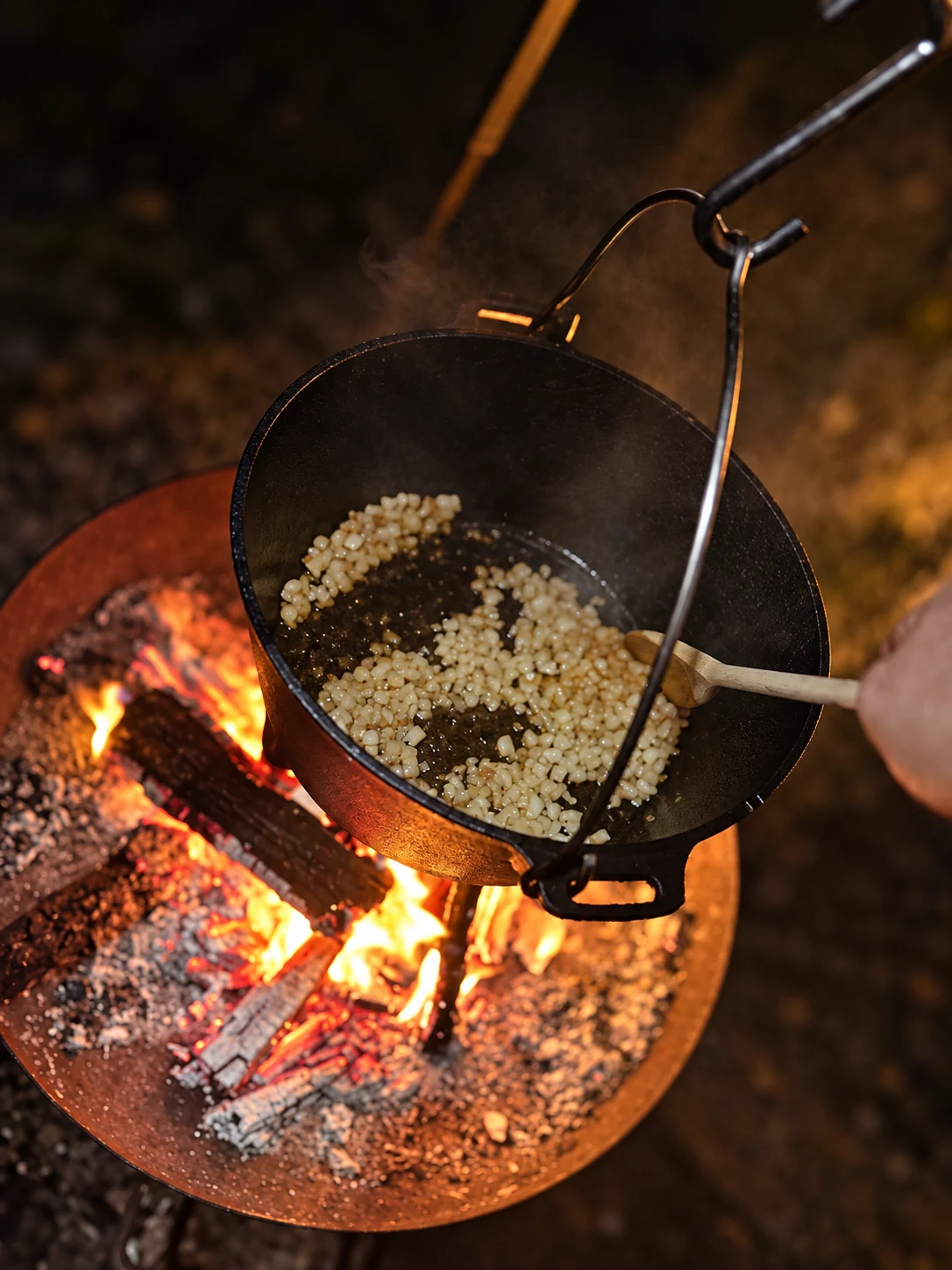 Gewürfelte Zwiebeln werden mit einem Holzlöffel im gusseisernen Topf über der Feuerschale gerührt.