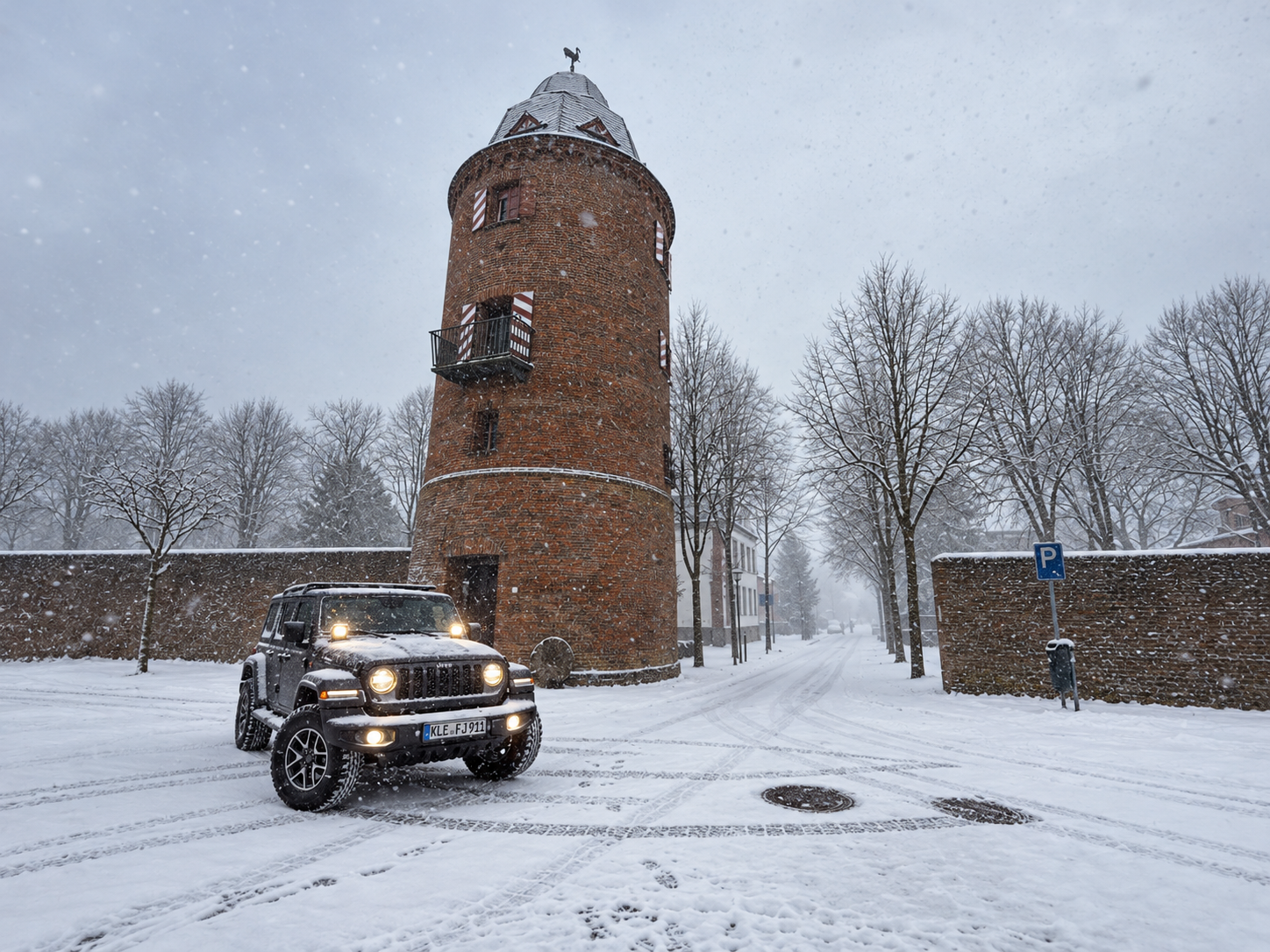 Jeep mit eingeschalteten Scheinwerfern vor einem historischen Backsteinturm im Schneefall