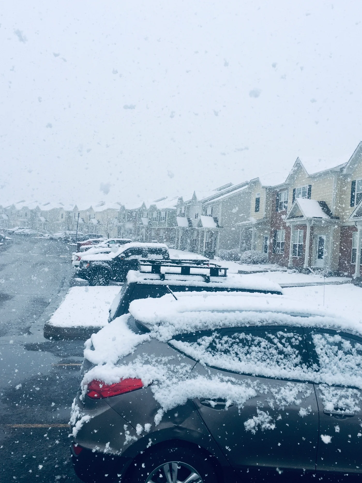 Dichter Schneefall über einer Wohnstraße mit schneebedeckten Autos und Häusern.