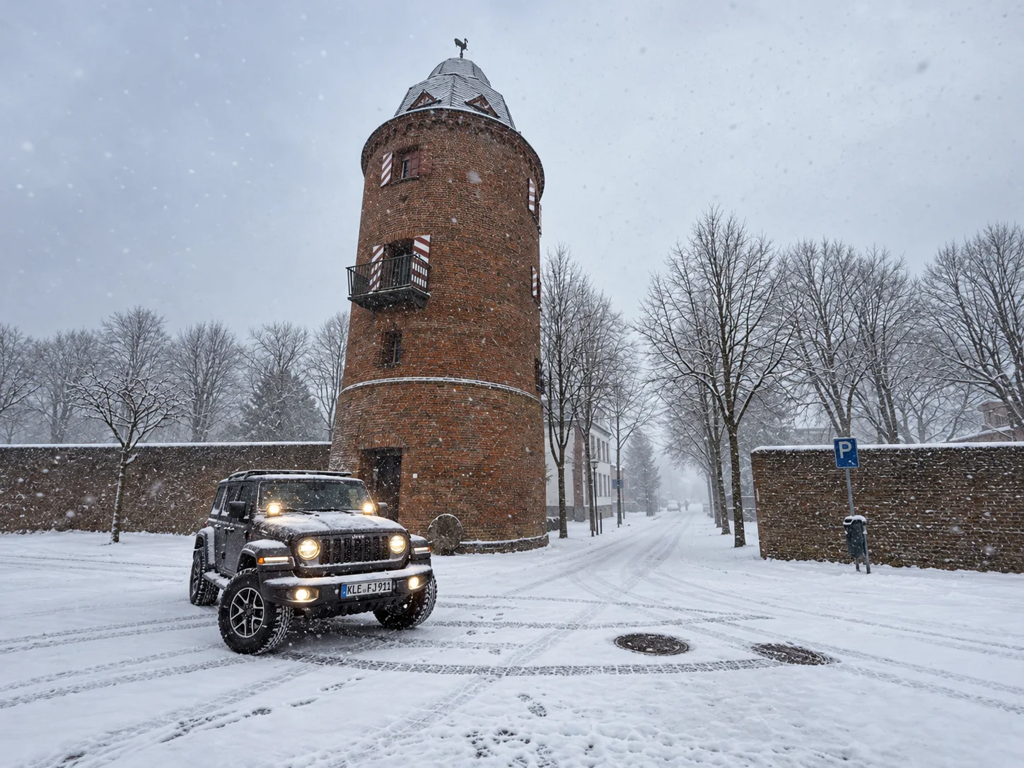 Jeep mit eingeschalteten Scheinwerfern vor einem historischen Backsteinturm im Schneefall