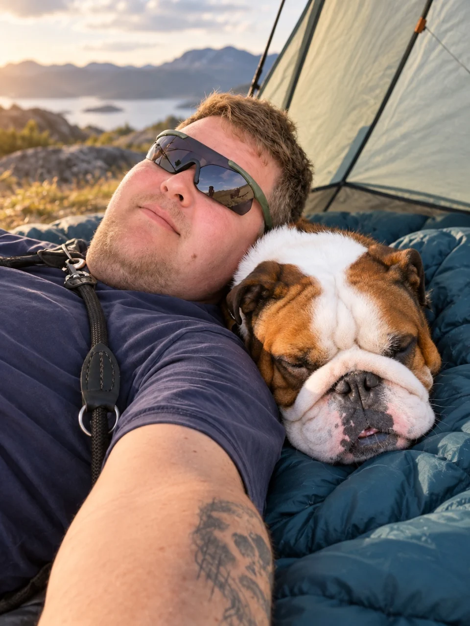 Florian mit Bulldogge Winston beim Campen